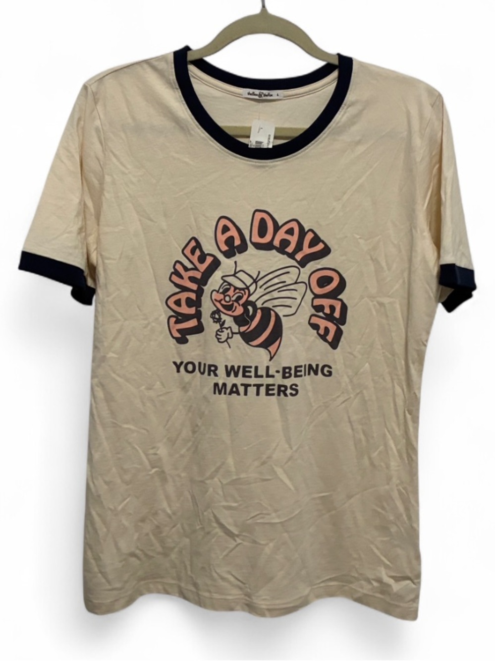 NWT The Bee And The Fox Take A Day Off Graphic Cream Ringer Short Sleeve Tee